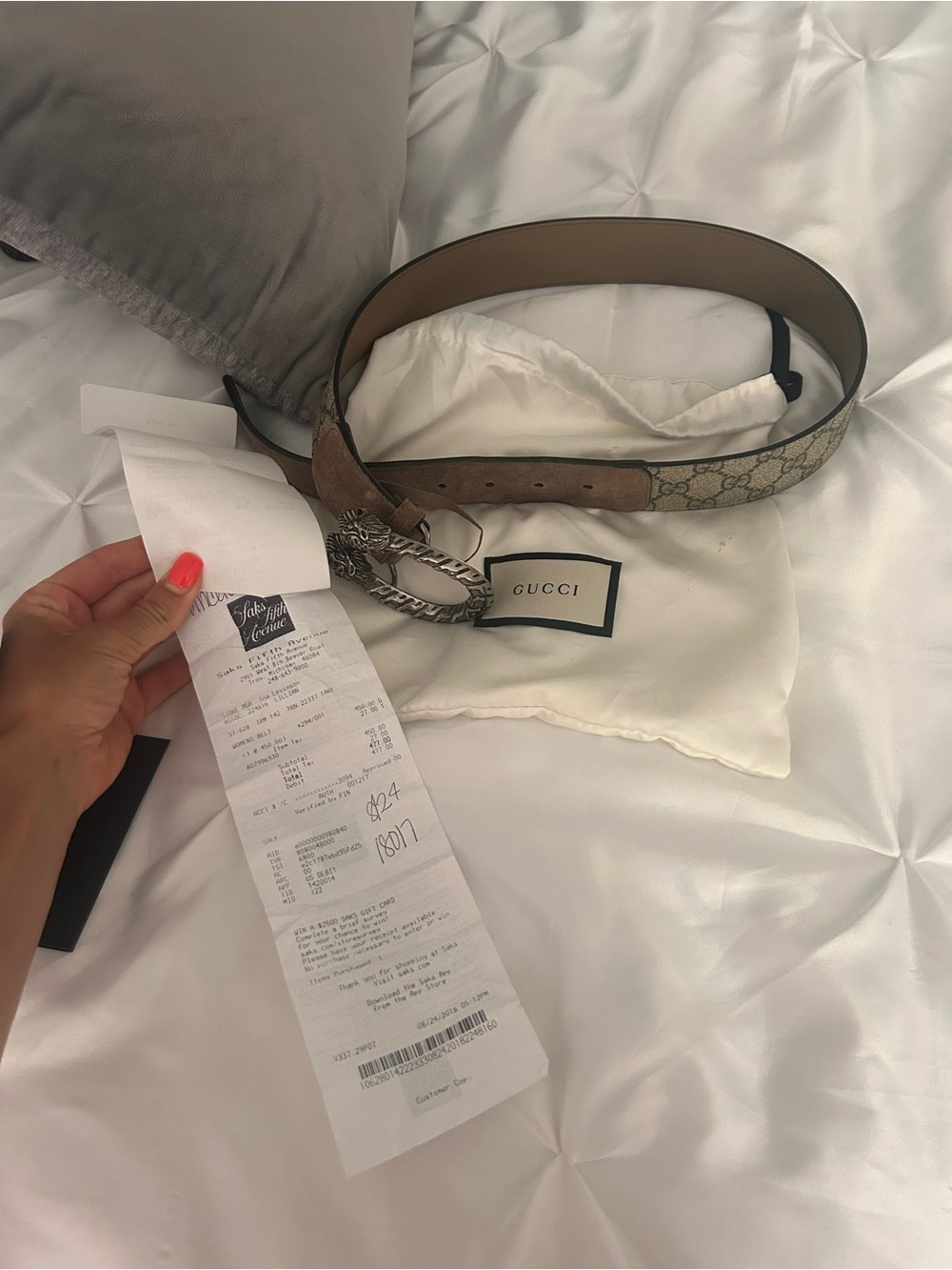 Gucci beige GG canvas belt with tan trim and silver chain buckle